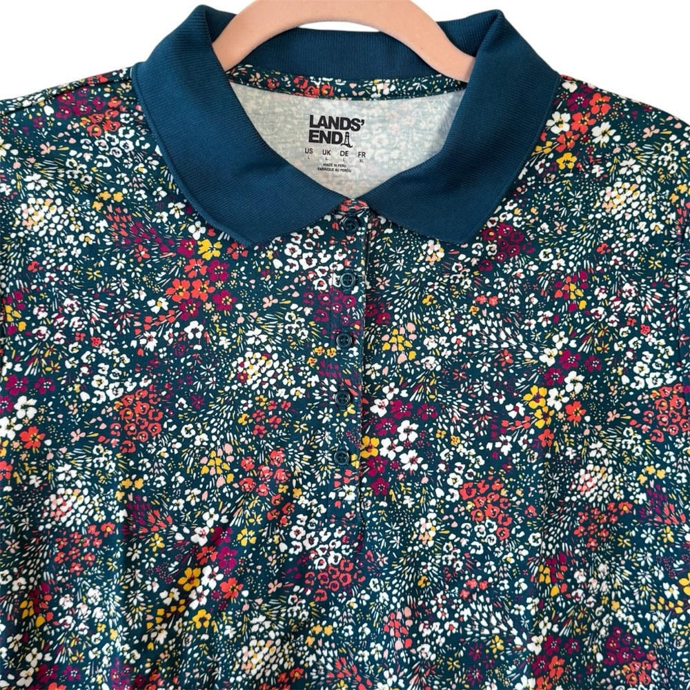 Lands' End Supima Cotton Short Sleeve Polo Shirt Baltic Teal Ditsy Floral NWT - Picture 6 of 13